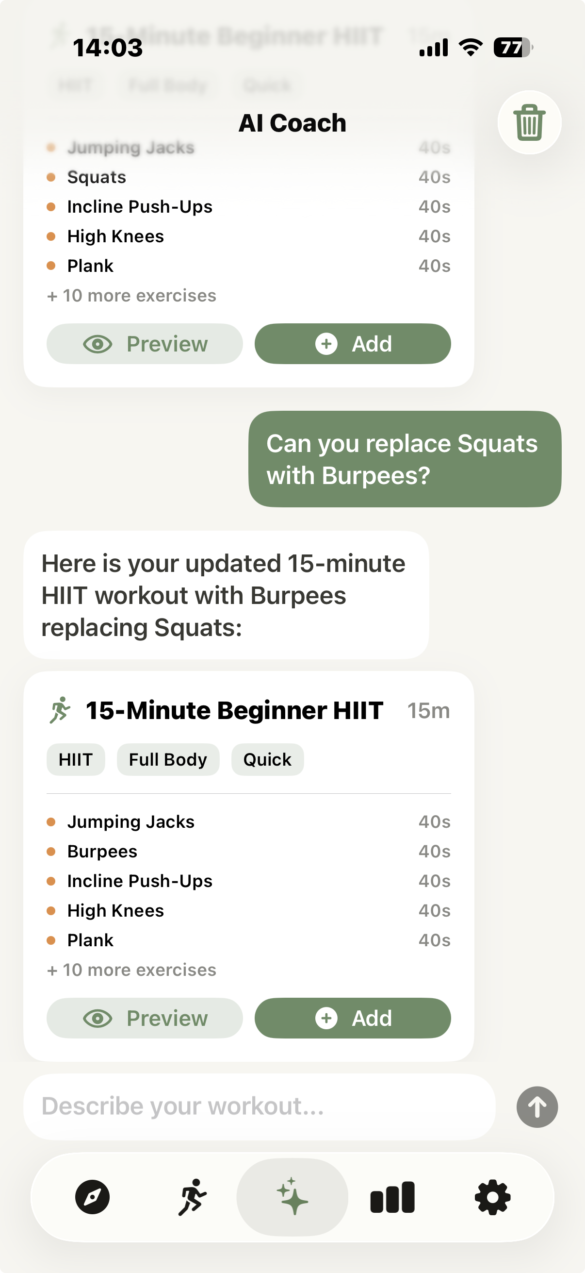 AI Coach screen in Zestimer