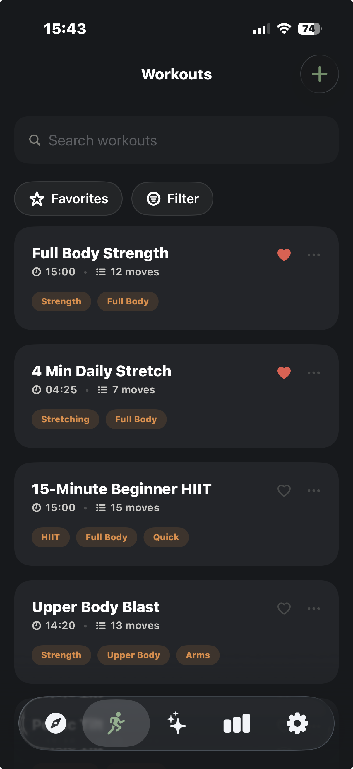 Workout Library screen in Zestimer